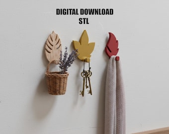Juego de ganchos de pared con hojas, impresión botánica minimalista en 3D (descarga STL)