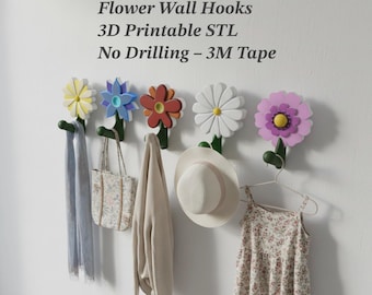 Ganchos de pared con flores, archivos STL imprimibles en 3D, decoración para habitación infantil (descarga digital)