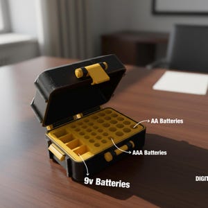 Könnte beinhalten: Schwarze und gelbe Batterie-Organizer-Box, geöffnet, um Fächer für AA-, AAA- und 9V-Batterien anzuzeigen. Die Box hat einen Griff und ist mit "AA Batteries", "AAA Batteries" und "9v Batteries" beschriftet. Der Text "DIGITAL DOWNLOAD STL" ist ebenfalls sichtbar.