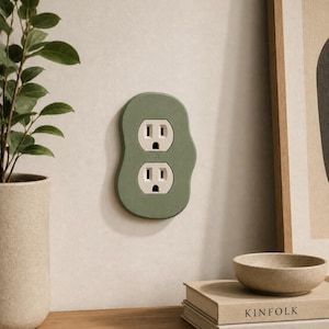 Puede incluir: Una cubierta de enchufe verde salvia con dos enchufes blancos. La cubierta tiene una forma orgánica única y está montada en una pared de color claro. La imagen también muestra una planta en una maceta beige, una estantería de madera y una obra de arte enmarcada.