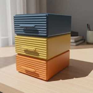 May include: Three stacked, colorful storage boxes in blue, yellow, and orange. Each box has a ribbed texture and a small handle. The boxes are on a light wood surface, with a window and desk items in the background.