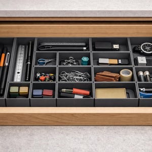 Puede incluir: Un cajón de madera abierto con un organizador gris lleno de varios suministros de oficina y tecnología. Los artículos incluyen bolígrafos, una regla, tijeras, unidades USB, un reloj, pilas, cinta adhesiva y otros accesorios pequeños.