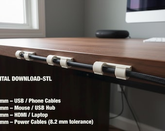 Clips organizadores de cables STL – Soporte para cables de escritorio (3–8 mm)