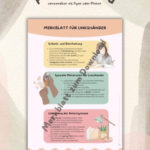 May include: A PDF document titled "MERKBLATT FÜR LINKSHÄNDER" (Information Sheet for Left-Handers) with text and illustrations. The document covers topics like writing posture, special materials, and workspace design for left-handed individuals. The document is available for download.