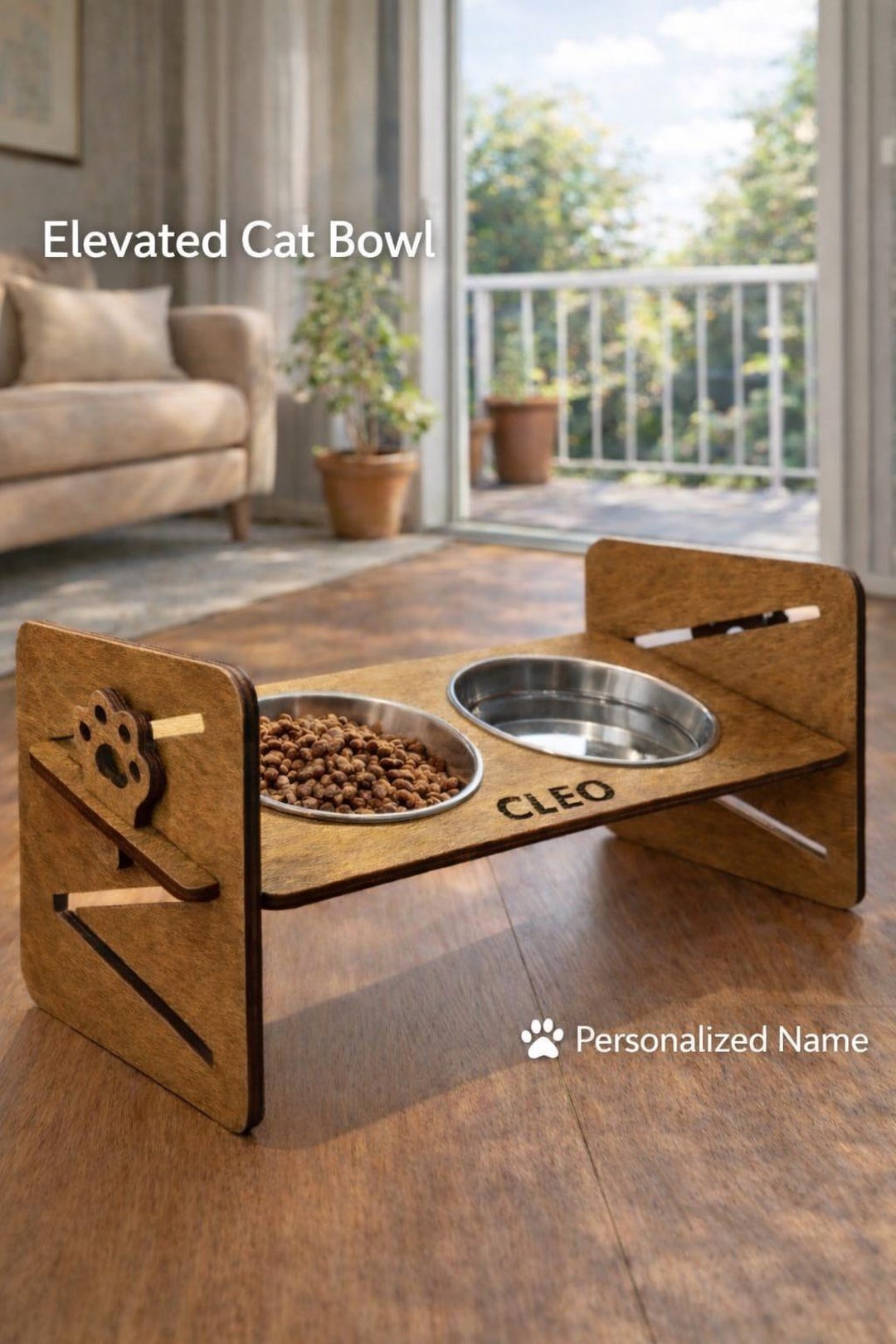 Elevated Wooden Cat Bowl Stand, Personalized Dual Cat Feeder, Ergonomic ...