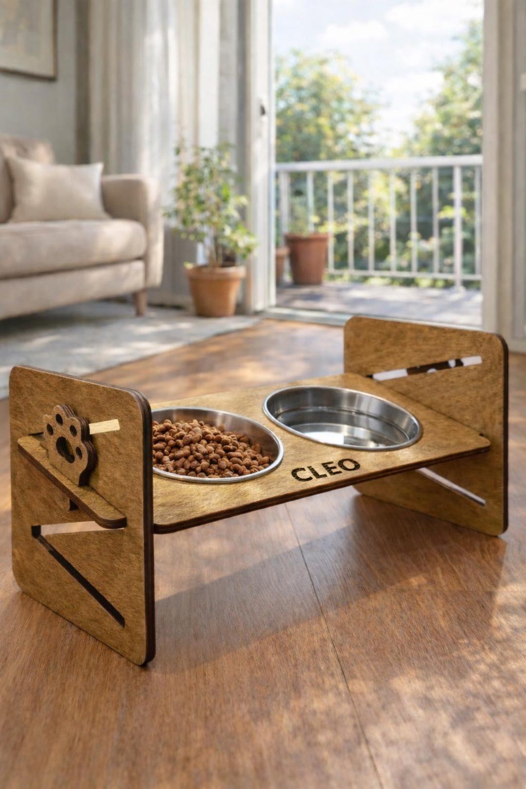 Adjustable Height Wooden Cat Bowl Stand, Personalized Puzzle Design Pet ...