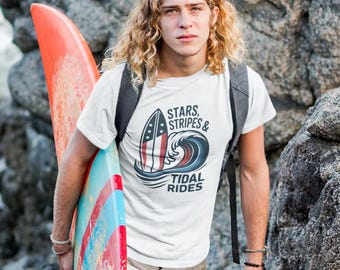 American Flag Surfboard Shirt, Stars Stripes Tidal Rides Surf Tee, Patriotic 4th of July Beach T-Shirt, USA Surf Graphic Unisex Tee
