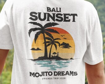 Personalized Destination Sunset Back Print Shirt, Custom Drink Vacation Tee, Personalized Trip Name Palm Tree Beach Shirt, Girls Trip Gift