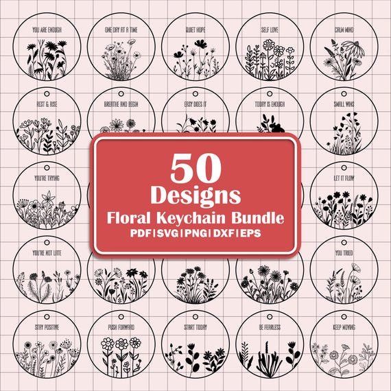 50 Floral Keychain SVG Bundle, Keychain Pattern Svg, Round Wristlet Keychain, Key Ring Svg, Acrylic Keychain Svg, Cut File Digital Download.