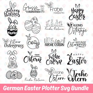 May include: A collection of black and white Easter-themed designs, including text and illustrations of bunnies, eggs, and holiday greetings. The designs are in a variety of fonts and styles, perfect for crafting projects.