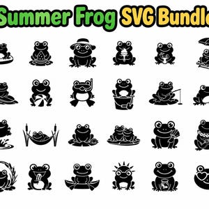 May include: A digital collection titled Summer Frog SVG Bundle featuring twenty-four black silhouette icons of frogs engaged in various summer activities, including swimming, eating watermelon, wearing sunglasses, fishing, and playing music.