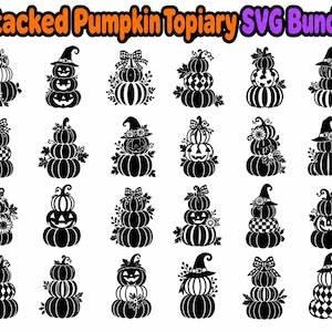 Paquete de diseños SVG de topiarios de calabazas apiladas / Colgador de puerta de calabazas apiladas de otoño / Archivo de corte láser / PNG para Cricut de Halloween y Acción de Gracias / 24 diseños