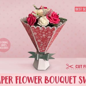 May include: A paper flower bouquet with red and white roses, a silver bow, and a red patterned paper cone. The text "PAPER FLOWER BOUQUET SVG" is at the bottom, with "BEST SELLER" and "CUT FILES" labels.