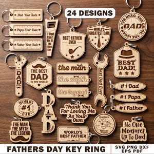 Puede incluir: Una colección de 24 llaveros de madera para el Día del Padre con varios diseños. Los llaveros incluyen frases como "Mejor padre de todos", "El mejor padre del mundo" y "#1 Papá". Los llaveros son de madera clara.