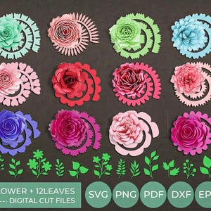 Puede incluir: Una colección de archivos de corte de flores y hojas de papel de colores. Las flores son de varios tonos de rosa, azul, verde y rojo, con intrincados diseños en espiral y en forma de engranaje. El texto dice "12 Flores + 12 Hojas - Archivos de corte digital" con iconos de tipo de archivo.
