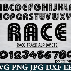 May include: Black race track alphabet and number set. The letters and numbers are designed to look like a race track. The word "RACE" is displayed in a larger font. The image also includes the text "RACE TRACK ALPHABETS" and "COMMERCIAL USE".