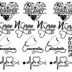 May include: Black and white digital designs for nurses, featuring heart-shaped stethoscopes, names, and heart rate monitor graphics. Includes SVG, DXF, EPS, PNG, and JPG file formats.
