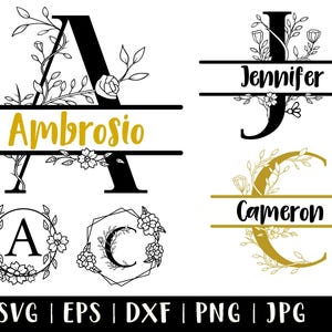 May include: Black and gold monogram designs with floral accents. The image includes the letters A, J, and C, each with a name incorporated. The bottom of the image displays file type options: SVG, EPS, DXF, PNG, and JPG.