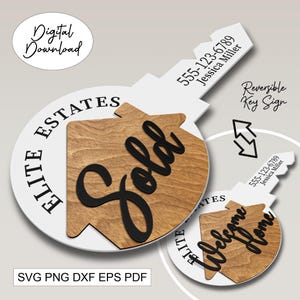 Puede incluir: Un letrero de llave reversible con "Vendido" y "Bienvenido a casa" en forma de casa de madera. El letrero es blanco con texto negro y las palabras "Elite Estates" en un círculo. Incluye información de contacto y texto "Descarga digital".