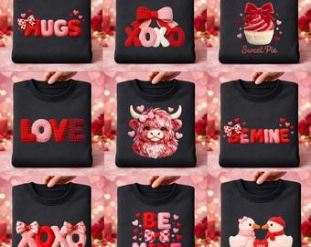 XOXO Valentine PNG | Crochet & Yarn Style Faux Embroidery | Latch Hook Coquette Bow Design | 300 dpi Trendy sublimation Valentine Shirt PNG