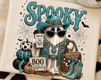 Glam Ghost PNG Bundle, Western Cowgirl Halloween Design, Leopard Print Ghost, Pink and Turquoise Sublimation, Digital Download