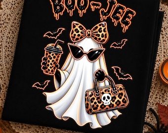 Fantôme léopard Boo Jee PNG, motif fantôme néon d'Halloween, t-shirt Spooky Coffee, nœud papillon léopard tendance, téléchargement numérique