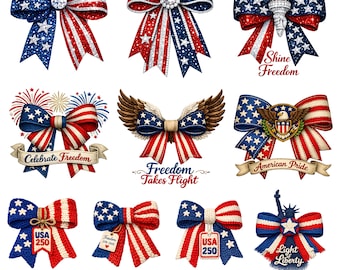 250th Anniversary PNG Bundle, Patriotic Coquette Bow 4th of July, 250 Years Graphic Digital Download