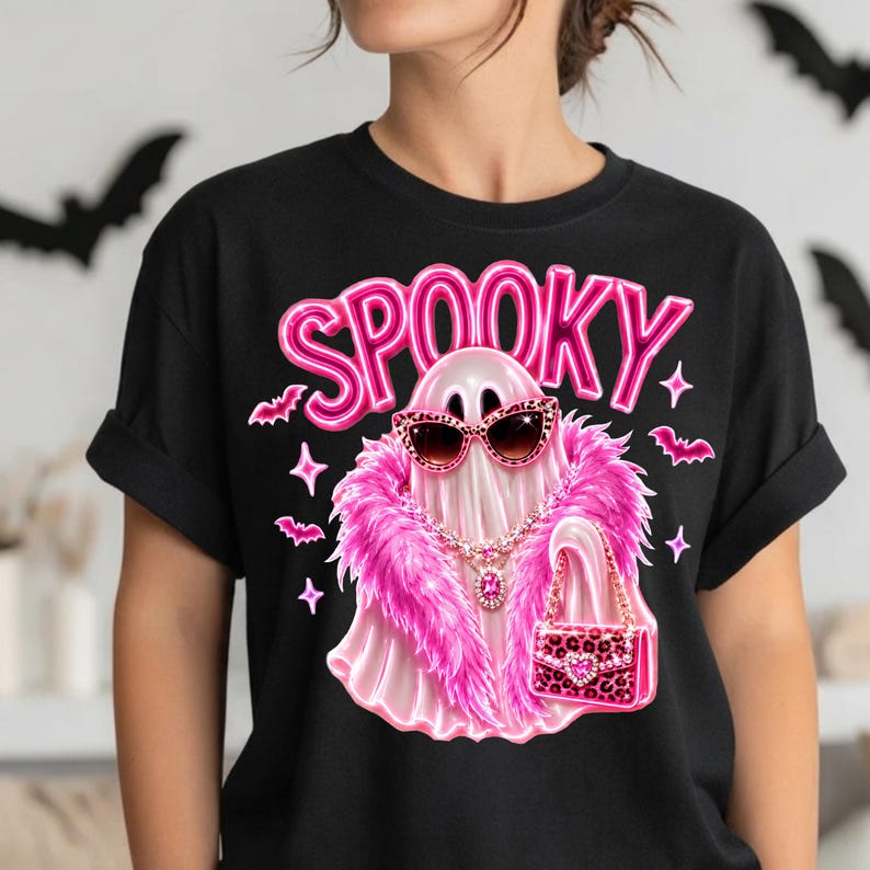 High-resolution Glam Ghost PNG digital download with transparent background for Halloween apparel, boutique gifts, and spooky season crafts.