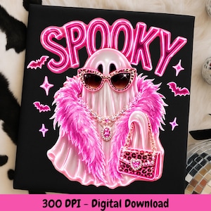 Glam Ghost PNG featuring a stylish ghost with leopard sunglasses, pink feather boa, rhinestone necklace, leopard handbag, and neon SPOOKY lettering.