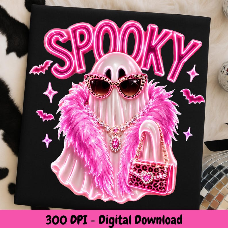 Glam Ghost PNG featuring a stylish ghost with leopard sunglasses, pink feather boa, rhinestone necklace, leopard handbag, and neon SPOOKY lettering.