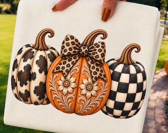 Impasto Pumpkin PNG, Checkered Fall Pumpkin PNG, Autumn Pumpkin Trio, Thanksgiving Design for Women, Western Fall Sublimation Design