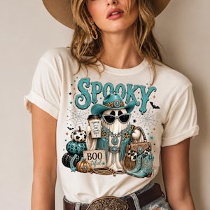 Two-color glam ghost PNG bundle showing turquoise and pink western Halloween designs for sublimation, DTF printing, and small-business physical products.