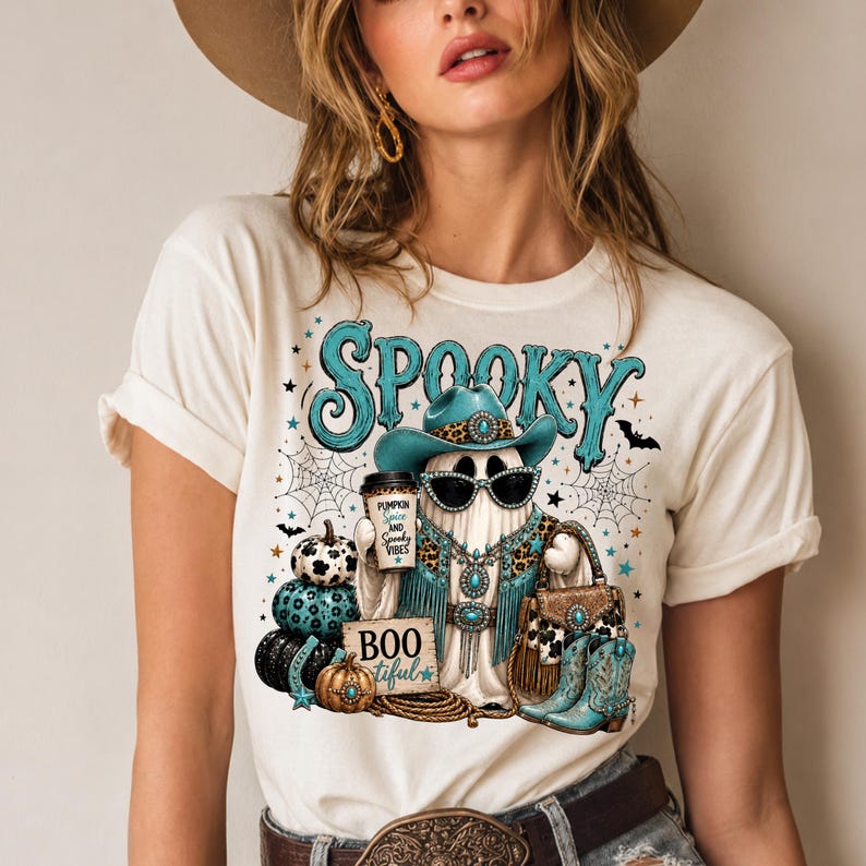 Two-color glam ghost PNG bundle showing turquoise and pink western Halloween designs for sublimation, DTF printing, and small-business physical products.