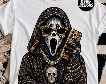 Pack d'images PNG de fantômes glamour, fantôme léopard mignon, fantôme glamour d'Halloween, fantôme effrayant à strass noirs, t-shirt d'Halloween girly, téléchargement numérique