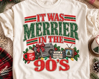 C'était plus joyeux dans les années 90 (PNG), Noël années 90 (PNG), Illustration rétro de cassette VHS de Noël, Design vintage pour t-shirt de Noël, Sublimation de Noël