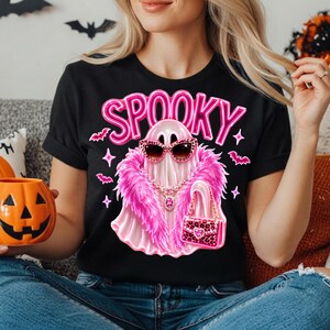Boujee Ghost PNG for sublimation featuring a chic ghost with leopard sunglasses, rhinestone necklace, pink feather boa, and stylish Halloween accessories.