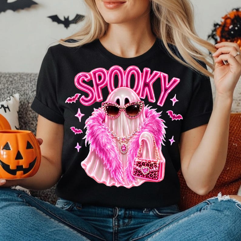 Boujee Ghost PNG for sublimation featuring a chic ghost with leopard sunglasses, rhinestone necklace, pink feather boa, and stylish Halloween accessories.