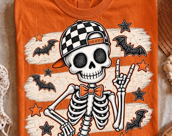 Boy Skeleton Halloween PNG, Checkered Skeleton Shirt Design, Retro Spooky Boy Halloween Sublimation, Kids Halloween Digital Download
