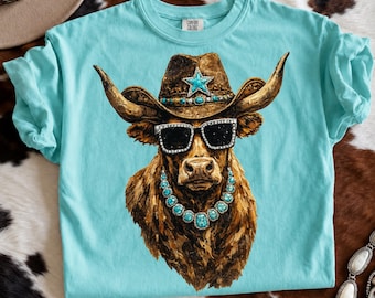 Western Glam Longhorn PNG, Punchy Turquoise Cowgirl Shirt Design, Rhinestone Sunglasses Sublimation Download