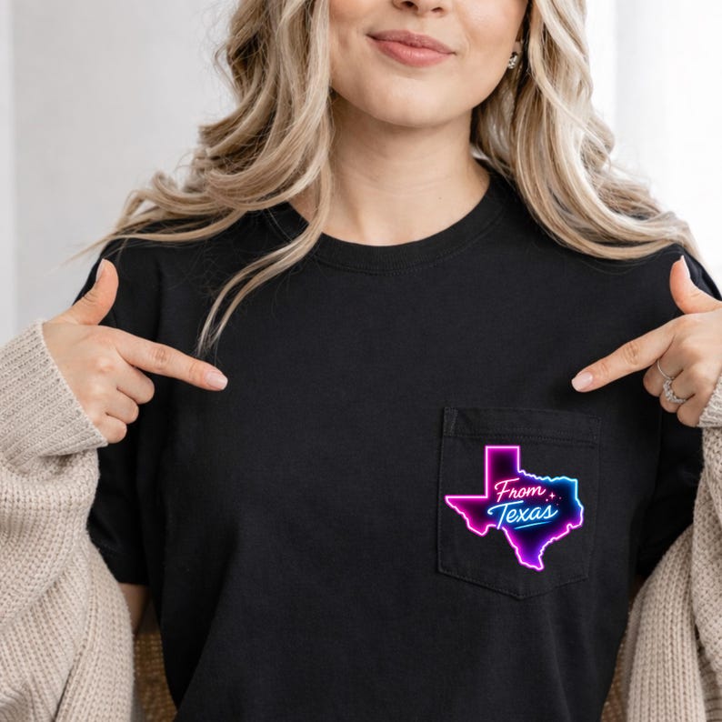 Texas cowgirl sublimation PNG design with neon western graphic and Texas state shape