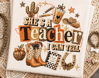 She’s a Teacher I Can Tell PNG, Coquette Texas Leopard Shirt Design, Western Cowgirl Teacher Sublimation Download