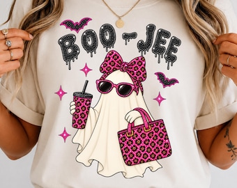 Image PNG fantôme léopard Boo Jee, lot de motifs coquettes en strass roses, t-shirt café effrayant, téléchargement numérique Halloween chic