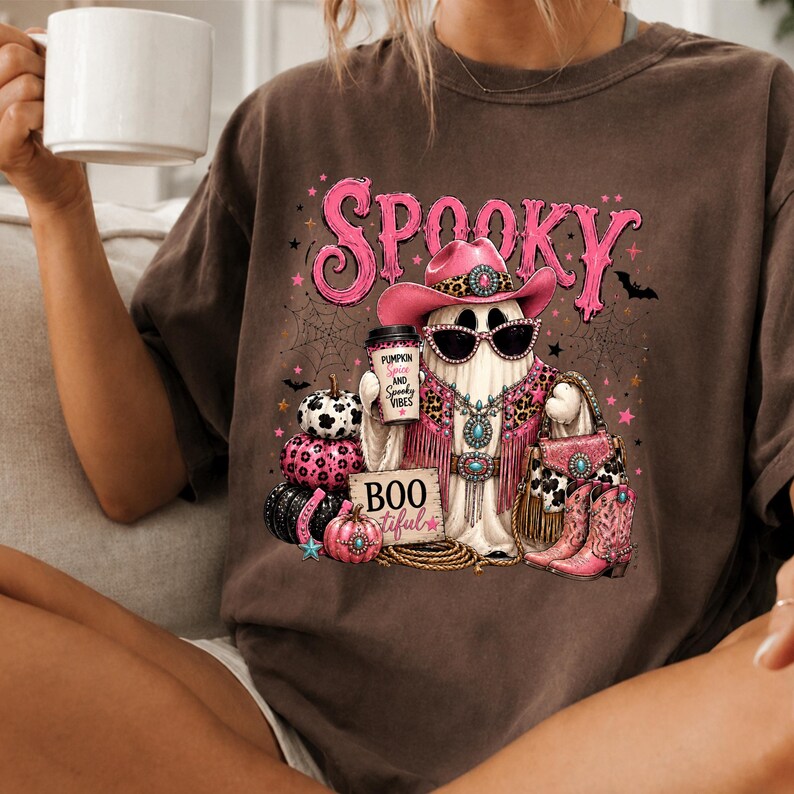 Two-color glam ghost PNG bundle showing turquoise and pink western Halloween designs for sublimation, DTF printing, and small-business physical products.