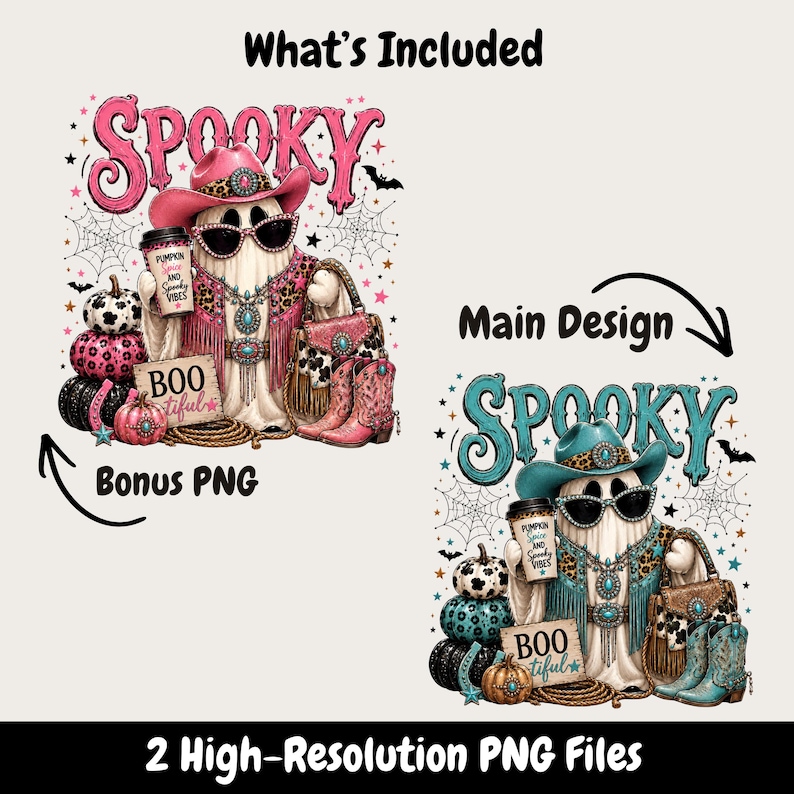 Close-up of a spooky glam ghost wearing jeweled sunglasses, turquoise cowgirl hat, western necklaces, leopard fringe clothing, and pumpkin spice Halloween accessories.