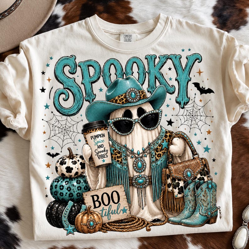 Western cowgirl Halloween design displayed on a shirt with a turquoise glam ghost, leopard-print details, spiderwebs, pumpkins, western accessories, and spooky typography.