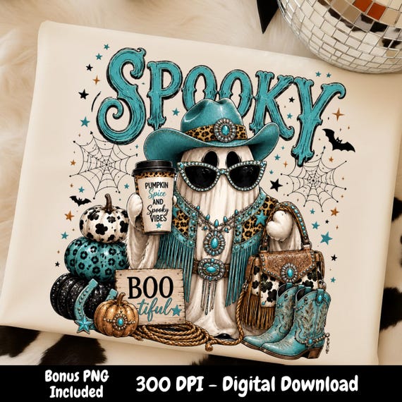 Glam Ghost PNG Bundle, Western Cowgirl Halloween Design, Leopard Print Ghost, Pink and Turquoise Sublimation, Digital Download