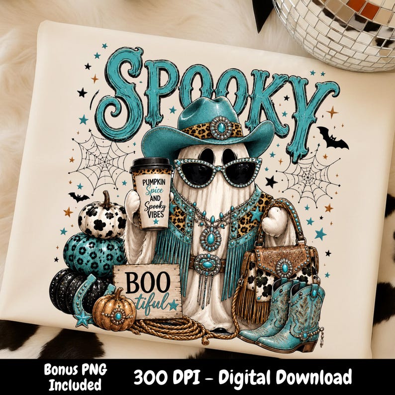 Glam ghost PNG featuring a fashionable cowgirl ghost with turquoise western hat, rhinestone sunglasses, leopard fringe vest, pumpkins, cowboy boots, and large SPOOKY lettering.
