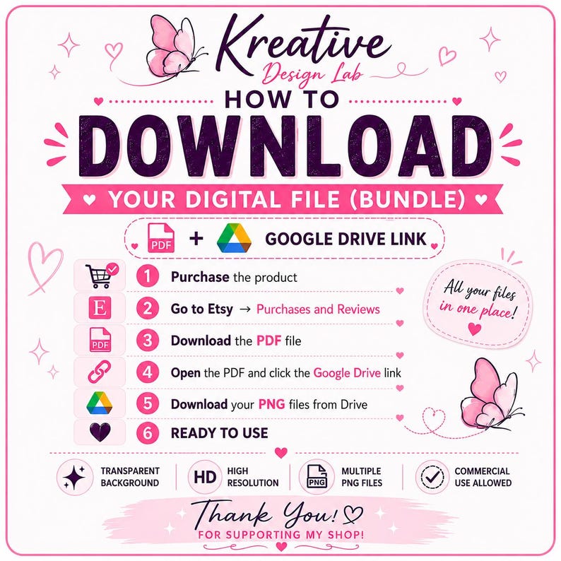May include: An instructional graphic titled Kreative Design Lab HOW TO DOWNLOAD YOUR DIGITAL FILE (BUNDLE) with pink butterfly accents. It outlines six steps to access files via a Google Drive link, including icons for PDF, shopping cart, and Etsy.