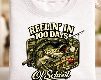 Reelin’ In 100 Days of School PNG, Fishing 100th Day, Hunting Camo Shirt, School Celebration Outfit for Kids & Teacher, Instant Download