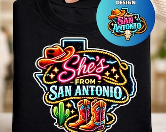 Sie ist aus San Antonio PNG, Fiesta San Antonio Western Cowgirl Shirt Design, Cinco De Mayo Texas Girl Sublimation für Boutique Tees